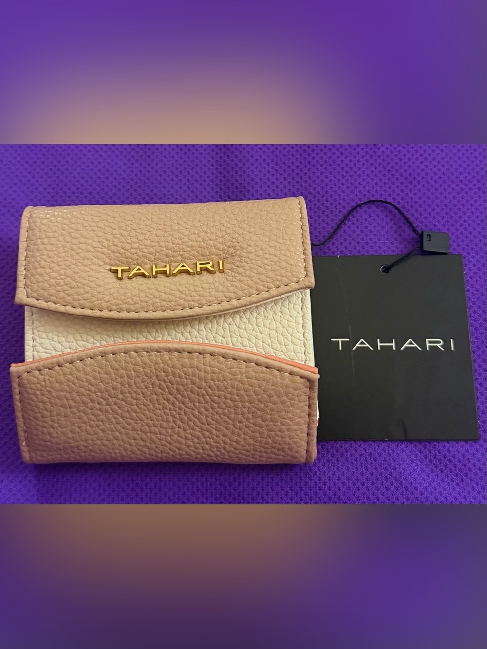 Tahari wheat and Cream Textured Leather Wallet with Gold Logo